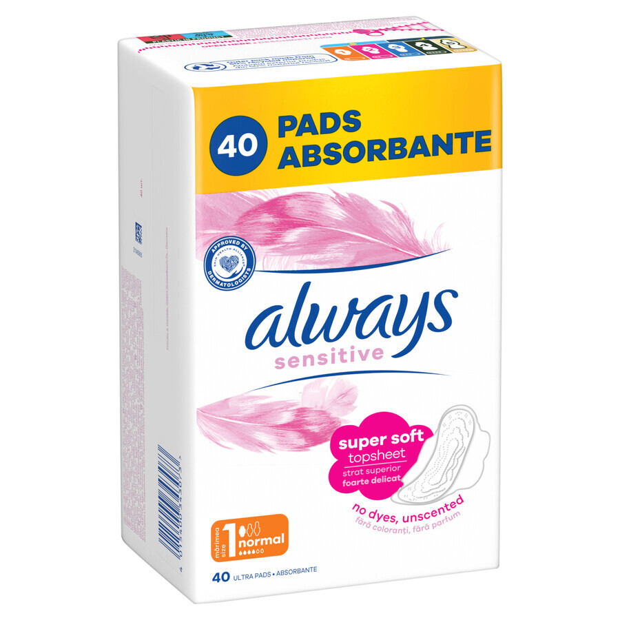 Always Sensitive, prosoape igienice cu aripi, mărimea 1, Normal, 40 buc