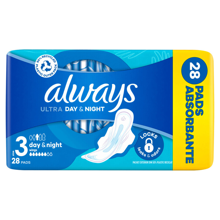 Always Ultra, serviettes hygiéniques avec ailettes, taille 3, jour et nuit, 28 pièces