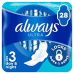 Always Ultra, serviettes hygiéniques avec ailettes, taille 3, jour et nuit, 28 pièces