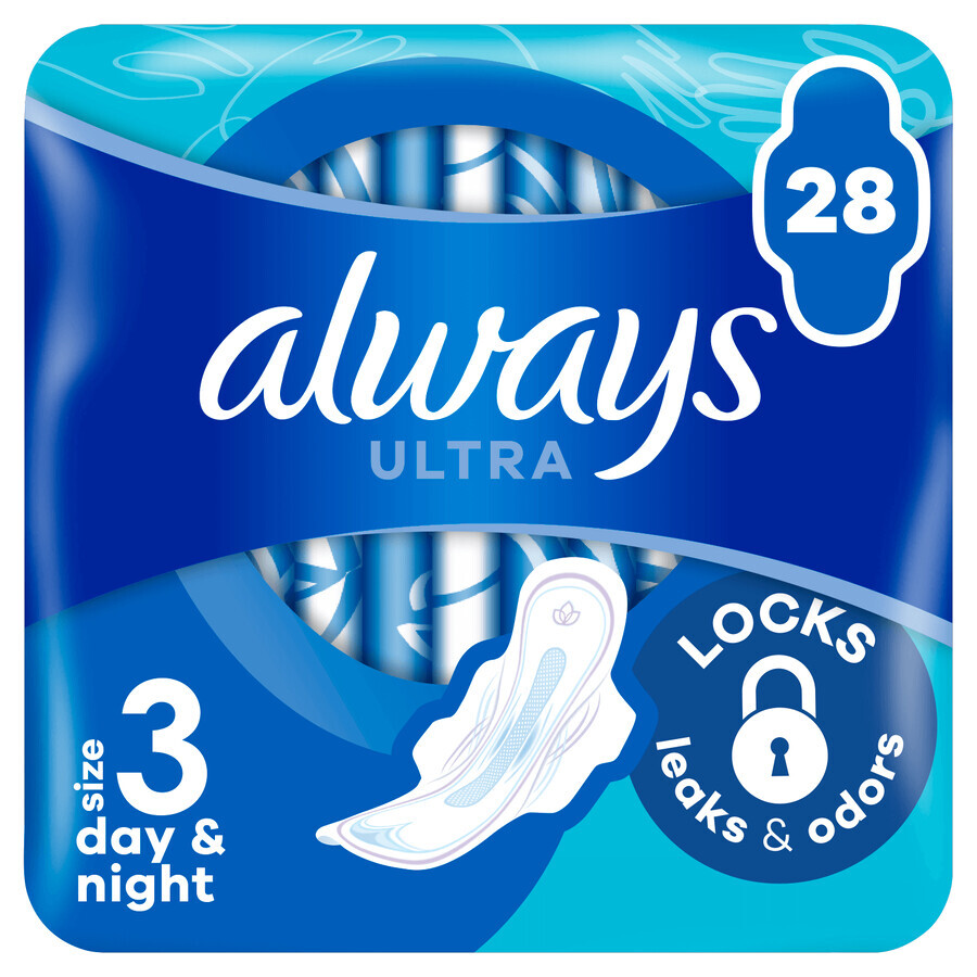 Always Ultra, serviettes hygiéniques avec ailettes, taille 3, jour et nuit, 28 pièces