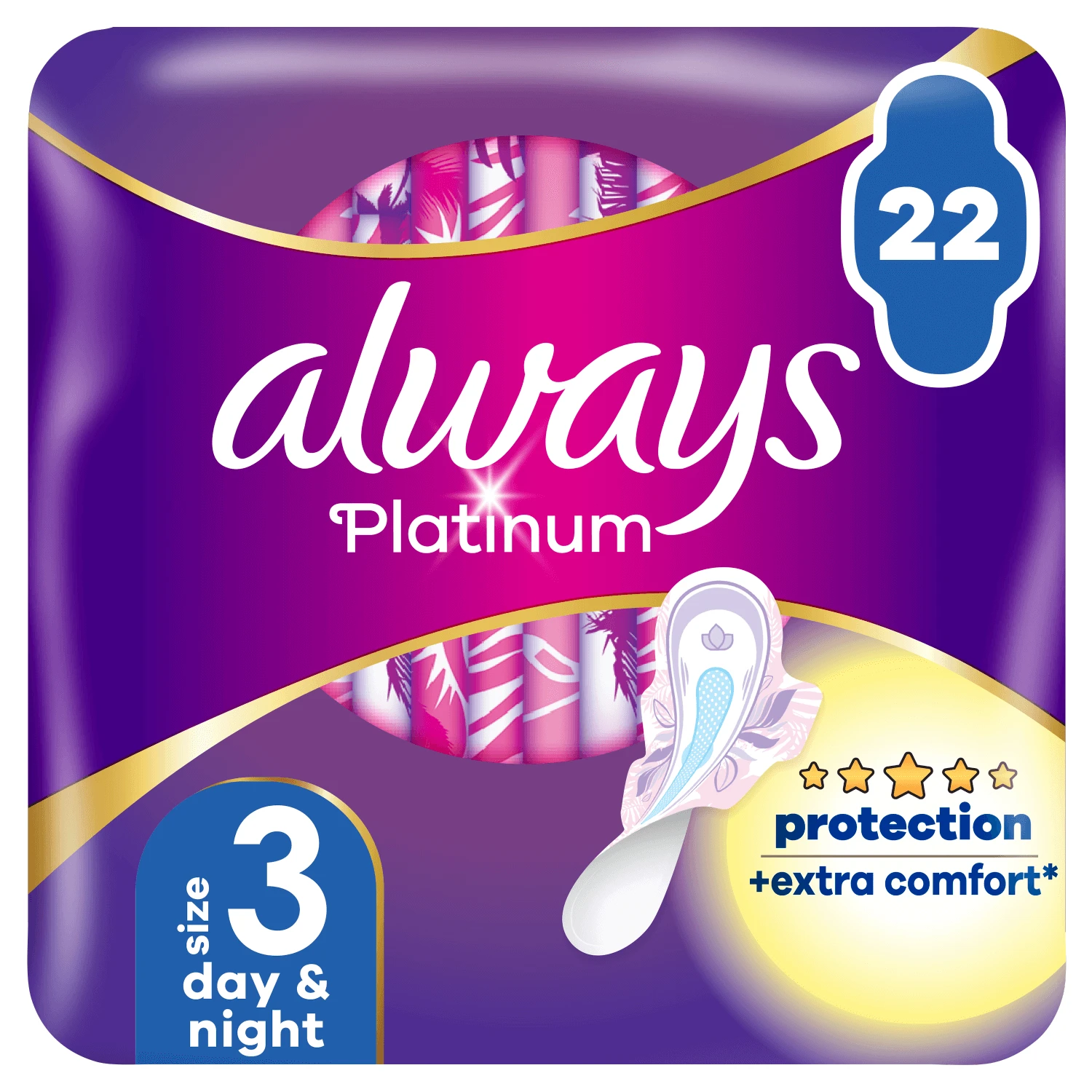 Always Platinum, Damenbinden mit Flügeln, Größe 3, Day & Night, 22 Stück