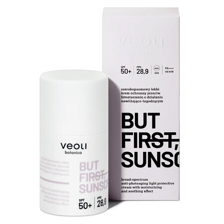 Veoli Botanica But First, Sonnenschutz, Breitspektrum-Lichtschutzcreme gegen Lichtalterung mit feuchtigkeitsspendender und beruhigender Wirkung, LSF 50+, 50 ml