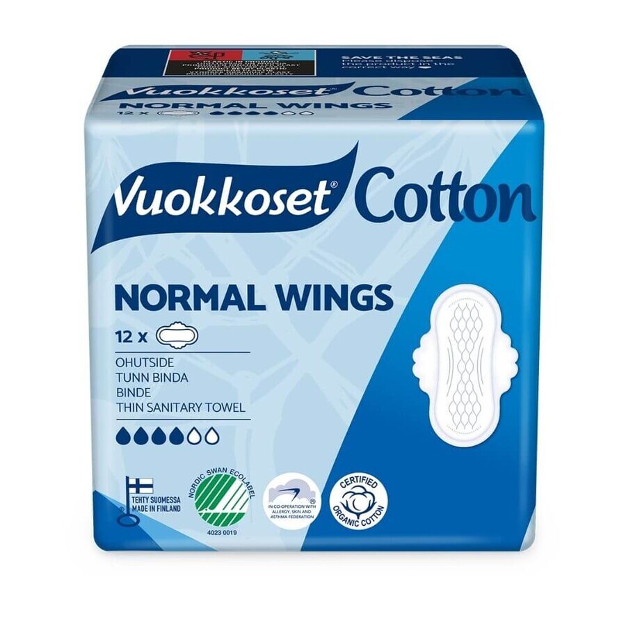 Vuokkoset Cotton, Damenbinden mit Flügeln, Normal Wings, 12 Stück