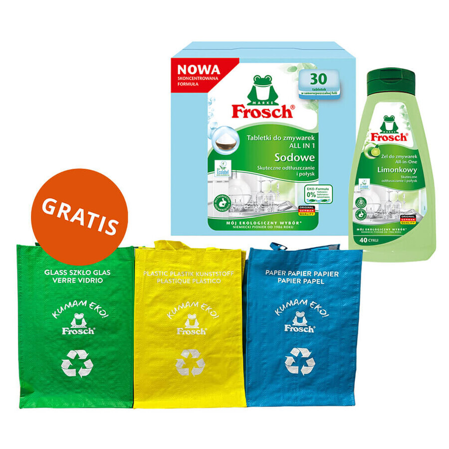 Frosch set, Pastillas lavavajillas All In 1, sosa, 30 uds + gel detergente lavavajillas, lima, 650 ml + bolsas de reciclaje, 3 uds gratis