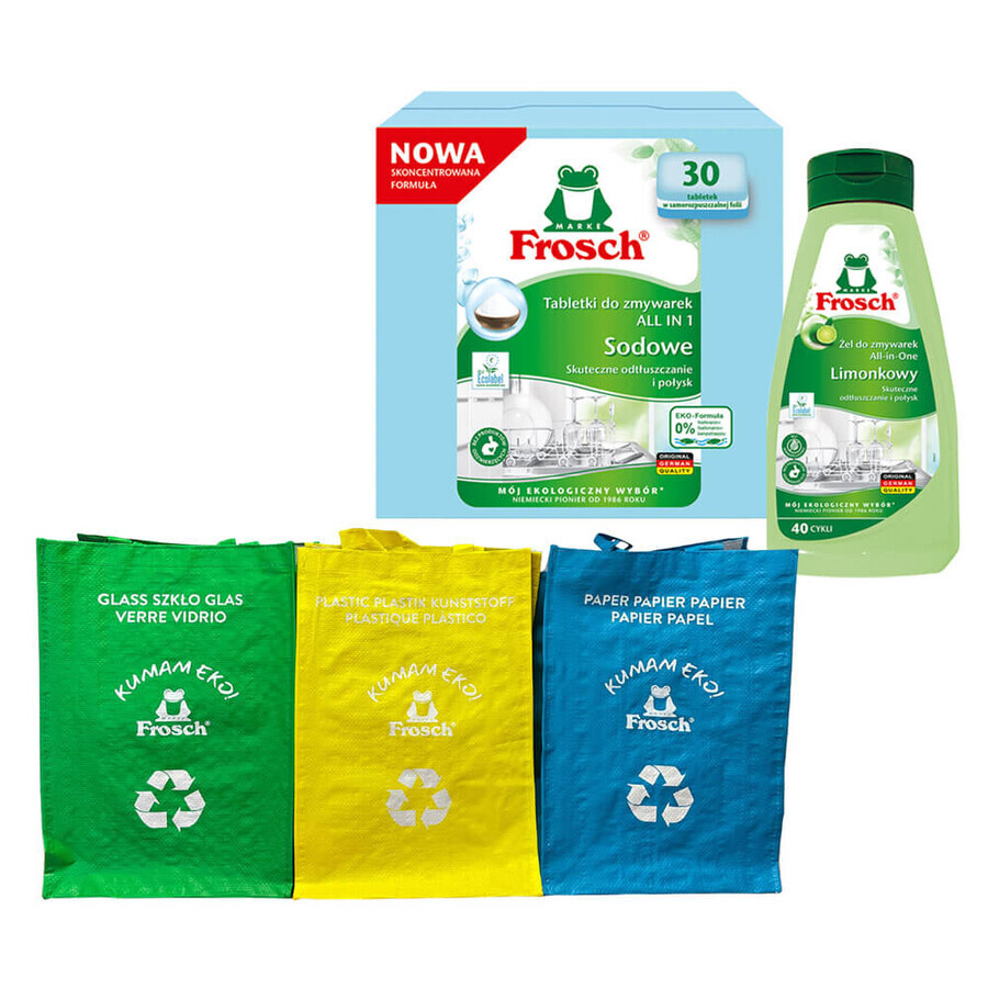 Frosch set, Pastillas lavavajillas All In 1, sosa, 30 uds + gel detergente lavavajillas, lima, 650 ml + bolsas de reciclaje, 3 uds gratis