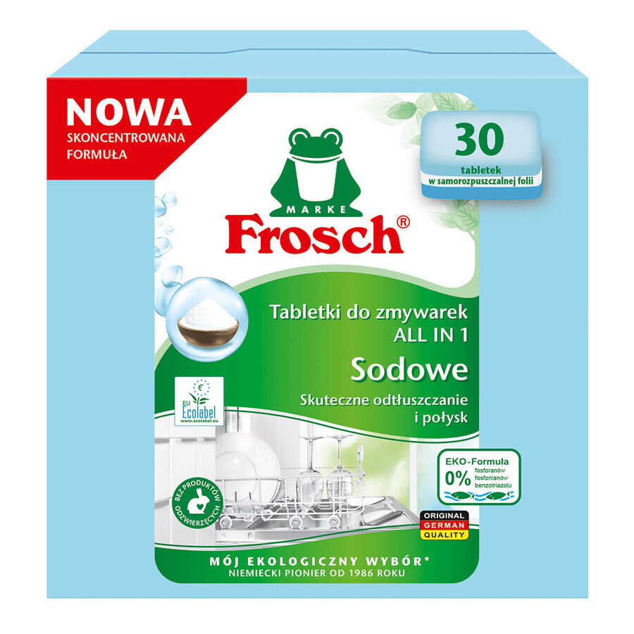 Frosch set, Pastillas lavavajillas All In 1, sosa, 30 uds + gel detergente lavavajillas, lima, 650 ml + bolsas de reciclaje, 3 uds gratis