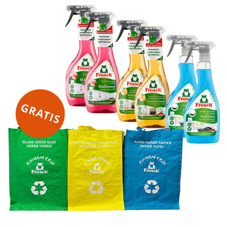 Set Frosch, soluție de îndepărtare a calcarului, 2 x 500 ml + detergent, 2 x 500 ml + detergent de bucătărie, 2 x 500 ml + saci de reciclare, 3 gratuit