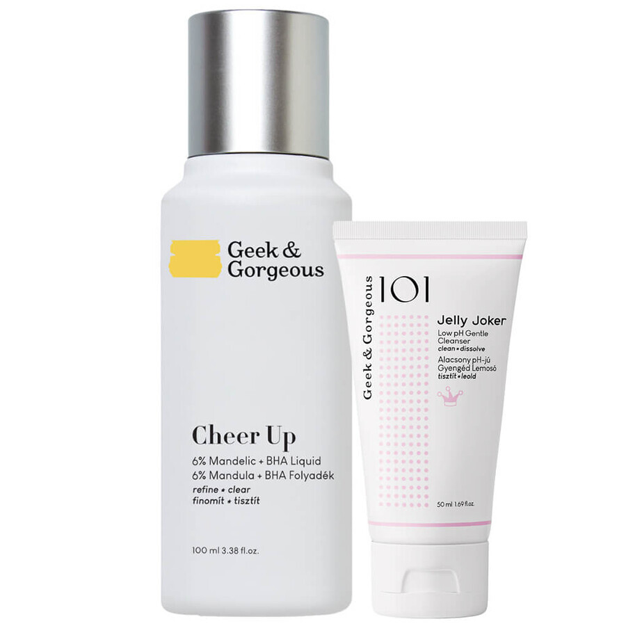 Geek &amp; Gorgeous Cheer Up, scrub met 6% mandelzuur + medium sterkte BHA, 100ml + Jelly Joker, zachte gezichtsreinigingsgel, 50ml gratis