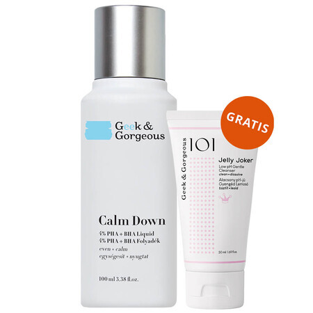 Geek &amp; Gorgeous Calm Down, exfoliant delicat cu 4% acizi PHA + BHA, 100ml + Jelly Joker, gel delicat de curățare facială, 50ml gratuit