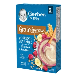 Gerber Grain &amp; Grow Hafer- und Weizenbrei, Banane, Himbeere, Milch, ohne Zuckerzusatz, ab 6 Monaten, 200 g