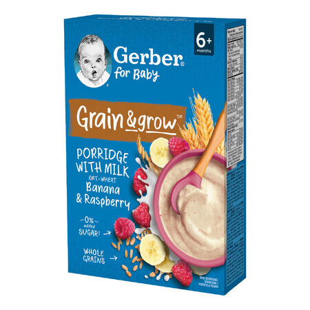 Gerber Grain &amp; Grow Hafer- und Weizenbrei, Banane, Himbeere, Milch, ohne Zuckerzusatz, ab 6 Monaten, 200 g