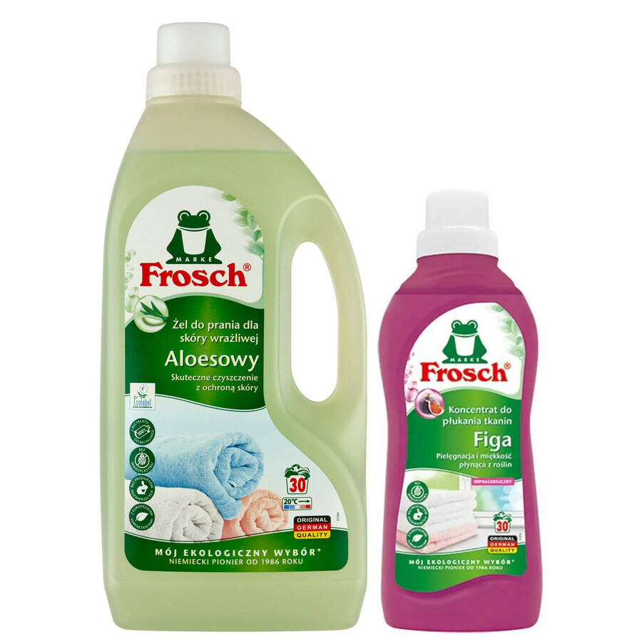 Set Frosch, gel lavant, aloe vera, 1.5 l + concentré adoucissant, figue, 750 ml