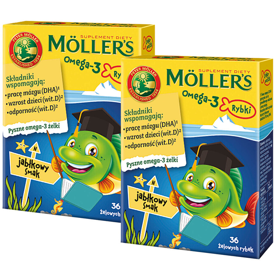 Moller's Omega-3 Fisch-Set, Geleebohnen, Apfelgeschmack, 2 x 36 Stück