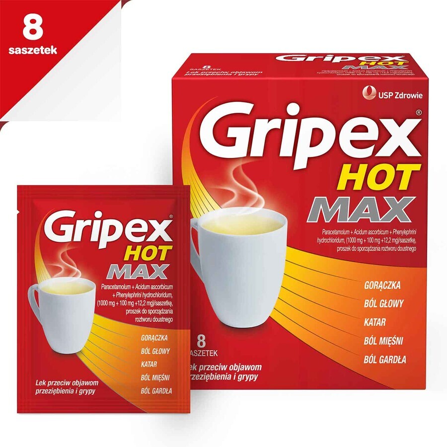 Gripex Hot Max 1000 mg + 100 mg + 12,2 mg, 8 sobres