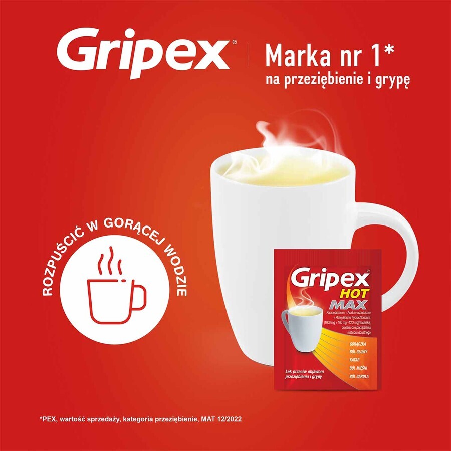 Gripex Hot Max 1000 mg + 100 mg + 12,2 mg, 8 sobres