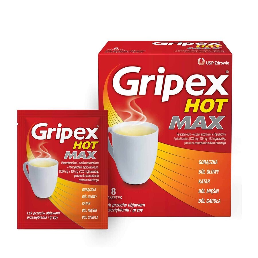 Gripex Hot Max 1000 mg + 100 mg + 12,2 mg, 8 sobres