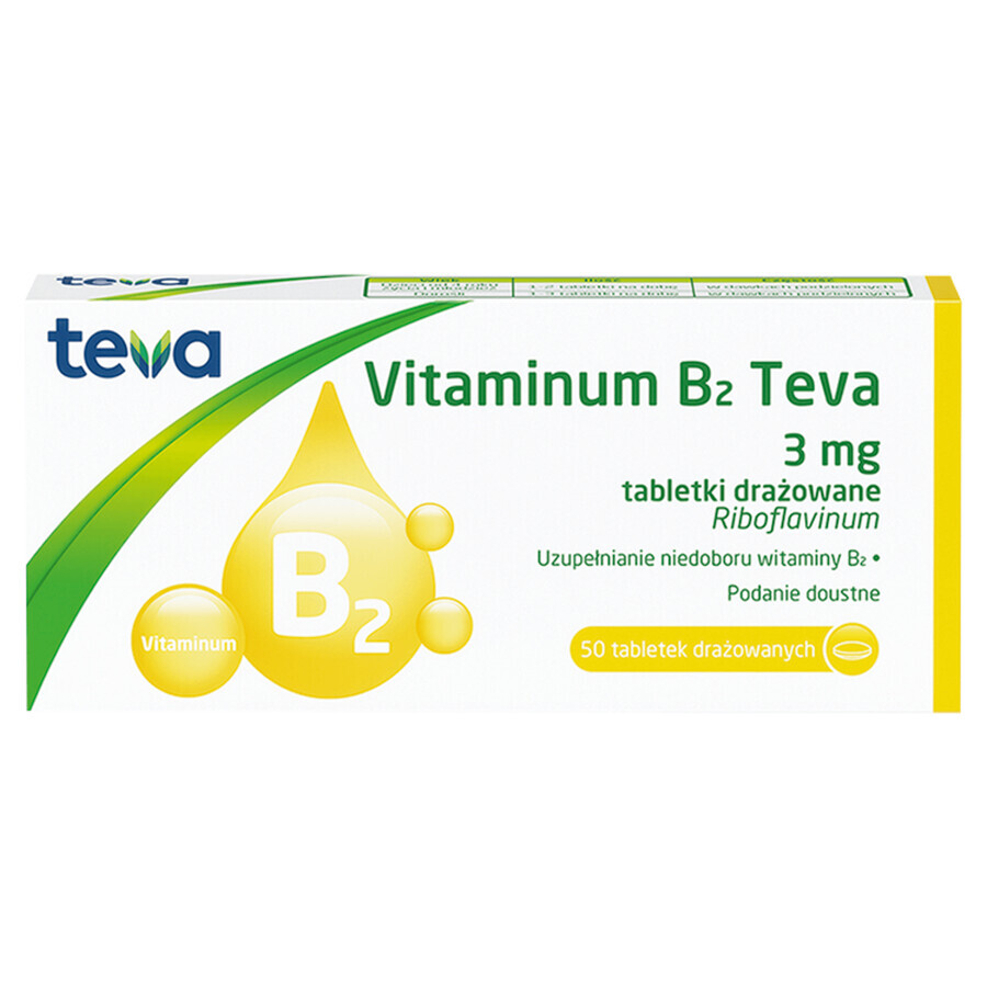 Vitaminum B2 Teva 3 mg, 50 comprimidos recubiertos de azúcar