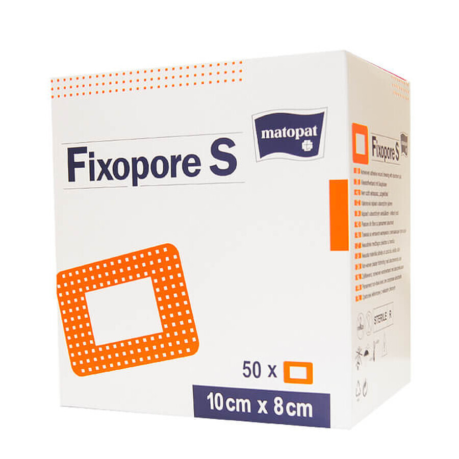 Matopat Fixopore S, selbstklebender Verband, Vliesstoff, steril, mit Saugkissen, 10 cm x 8 cm, 50 Stück