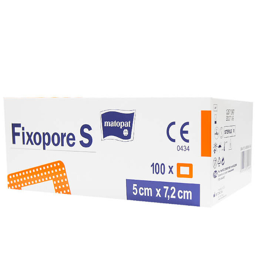 Matopat Fixopore S, medicazione adesiva in tessuto non tessuto, sterile, con tampone assorbente, 5 cm x 7,2 cm, 100 pezzi