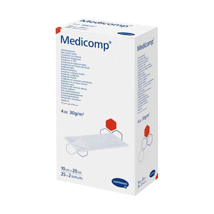 Medicomp, comprese sterile, nețesute, 4 straturi, 30 g/m2, 10 cm x 20 cm, 50 buc.