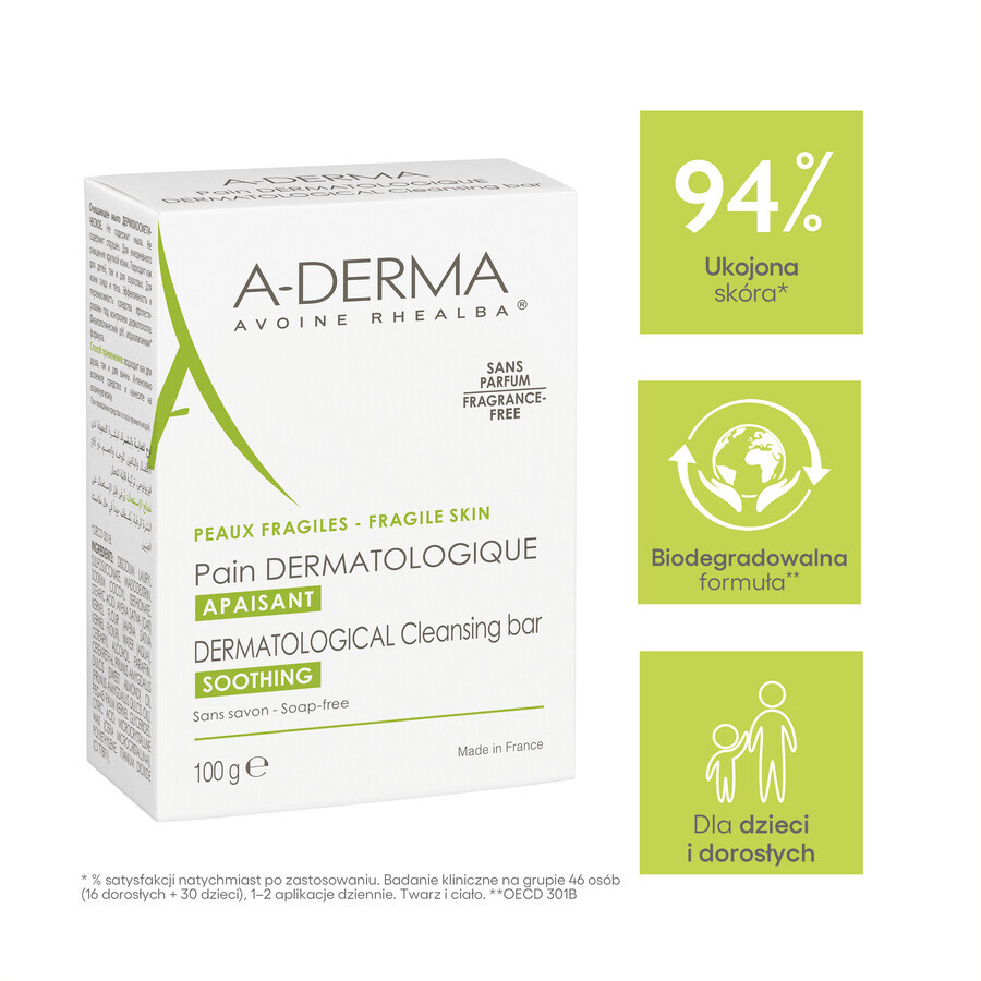 A-Derma, pain dermatologique nettoyant pour le visage et le corps, 100 g