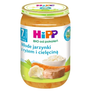 Piatto HiPP Bio, verdure giovani con riso e vitello, dopo 7 mesi, 220 g