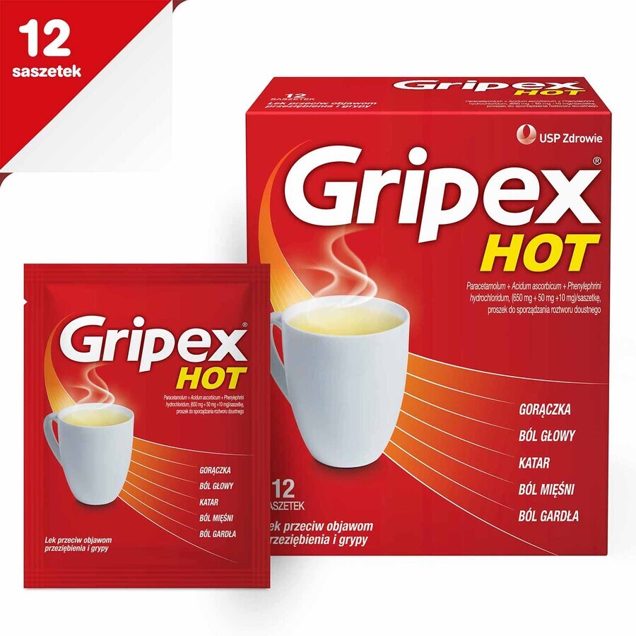 Gripex Hot 650 mg + 50 mg + 10 mg, 12 sachets