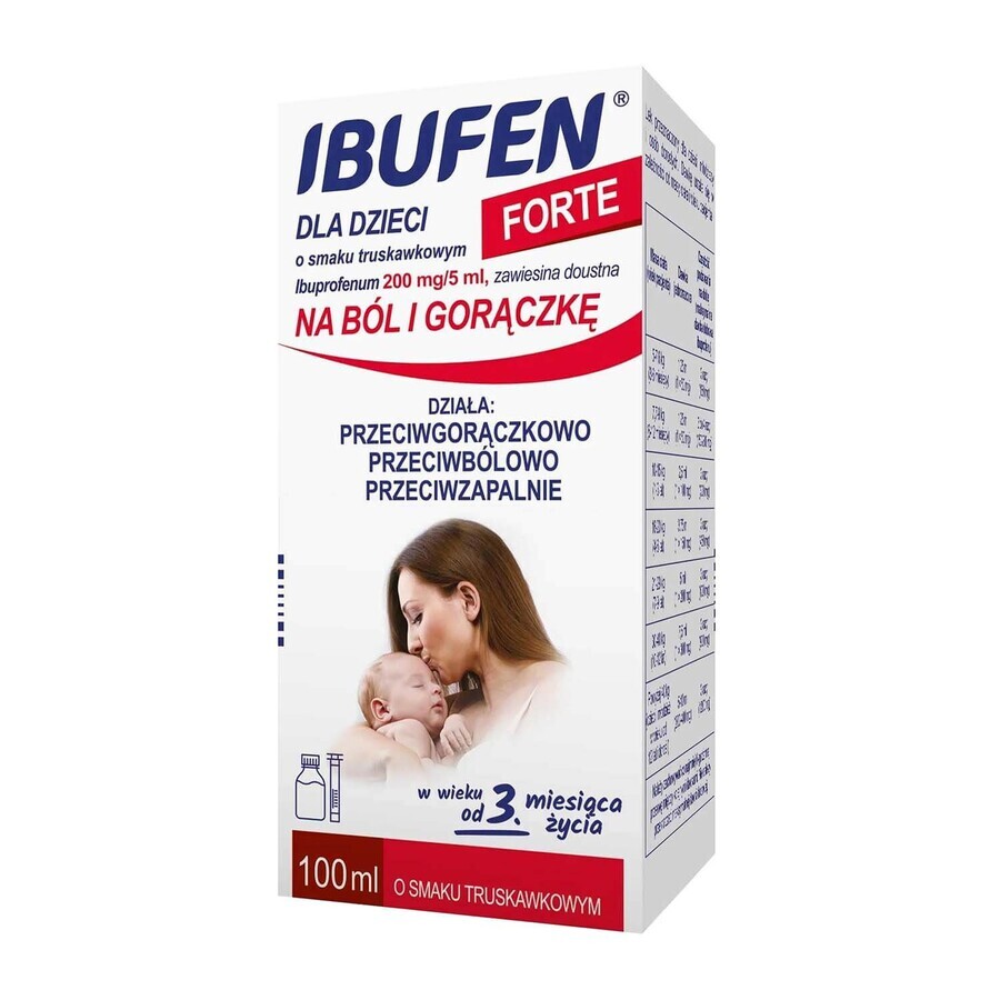 Ibufen voor baby's Forte aardbeiensmaak 200 mg/ 5 ml, orale suspensie vanaf 3 maanden, 40 ml