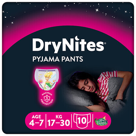 Huggies DryNites Girls, culotte de nuit, pour filles, 4-7 ans, 17-30 kg, 10 pièces