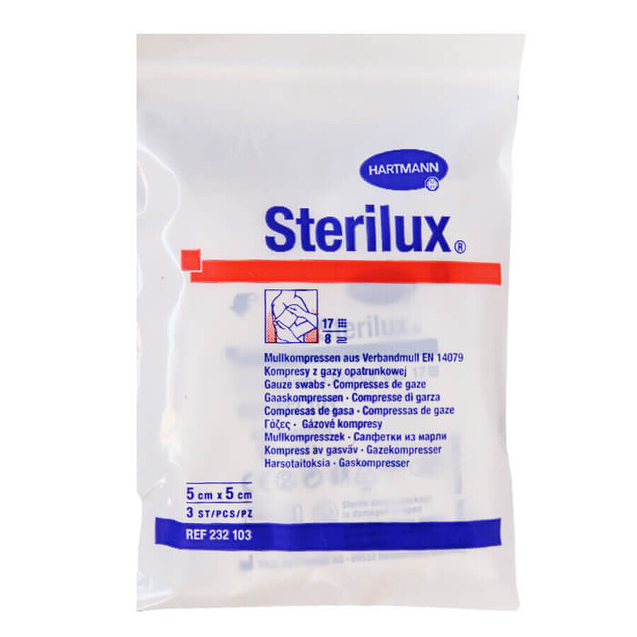 Sterilux, sterile gauze pads, 17 threads, 8 layers, 5 cm x 5 cm, 3 pcs.