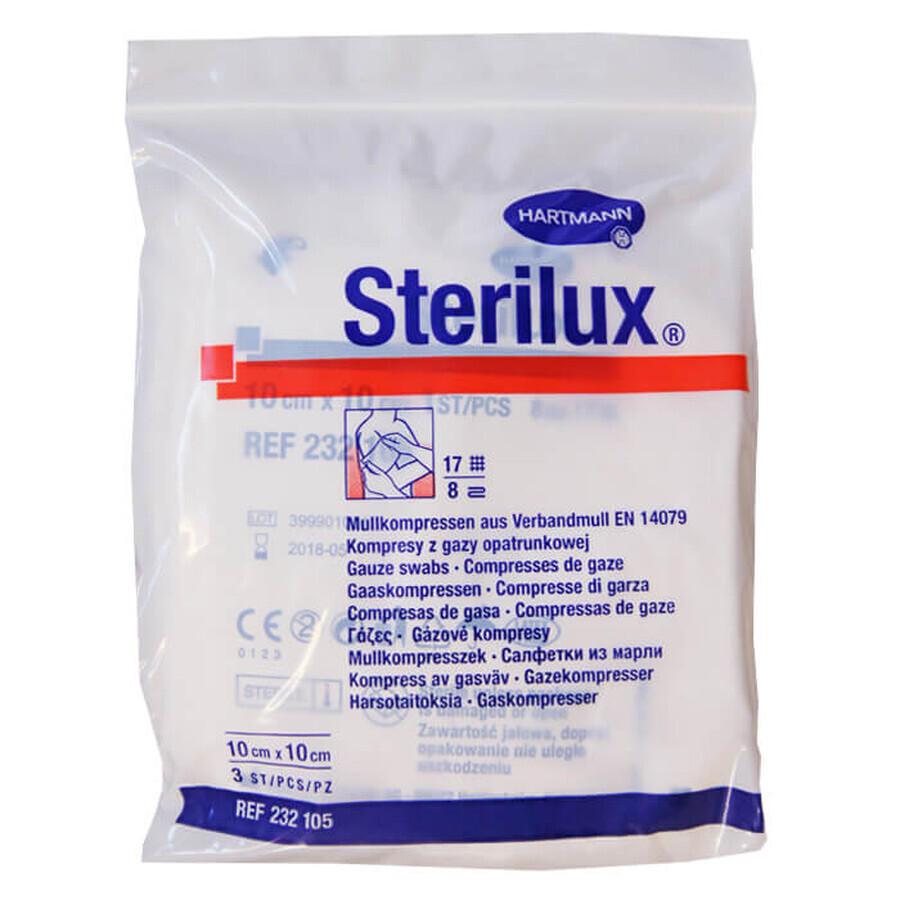 Sterilux, sterile Mulltupfer, 17-fädig, 8-lagig, 10 cm x 10 cm, 3 Stück.