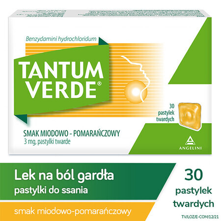 Tantum Verde 3 mg, Honig-Orangen-Geschmack, 30 harte Lutschtabletten