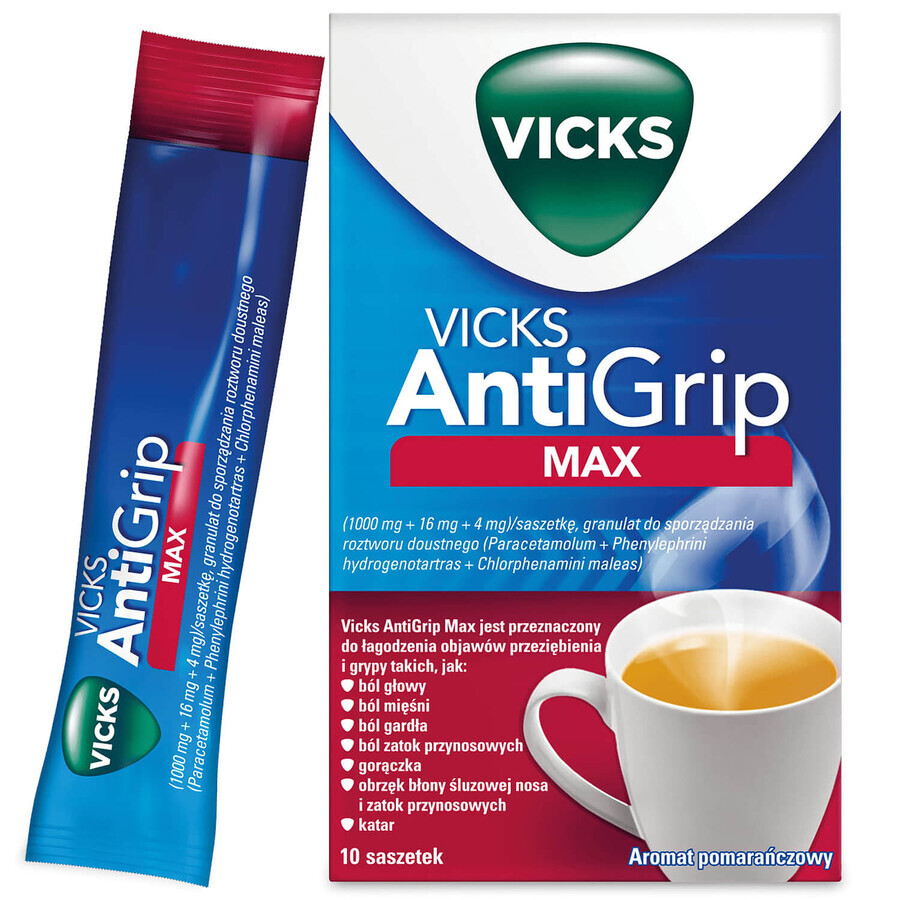 Vicks AntiGrip Max 1000 mg + 16 mg + 4 mg, granules for oral solution, 10 sachets