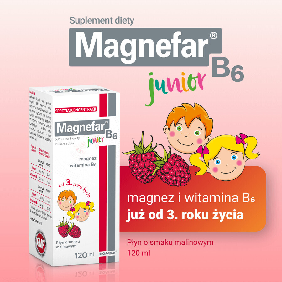 Magnefar B6 Junior Sirup, Himbeergeschmack, 120 ml, Biofarm