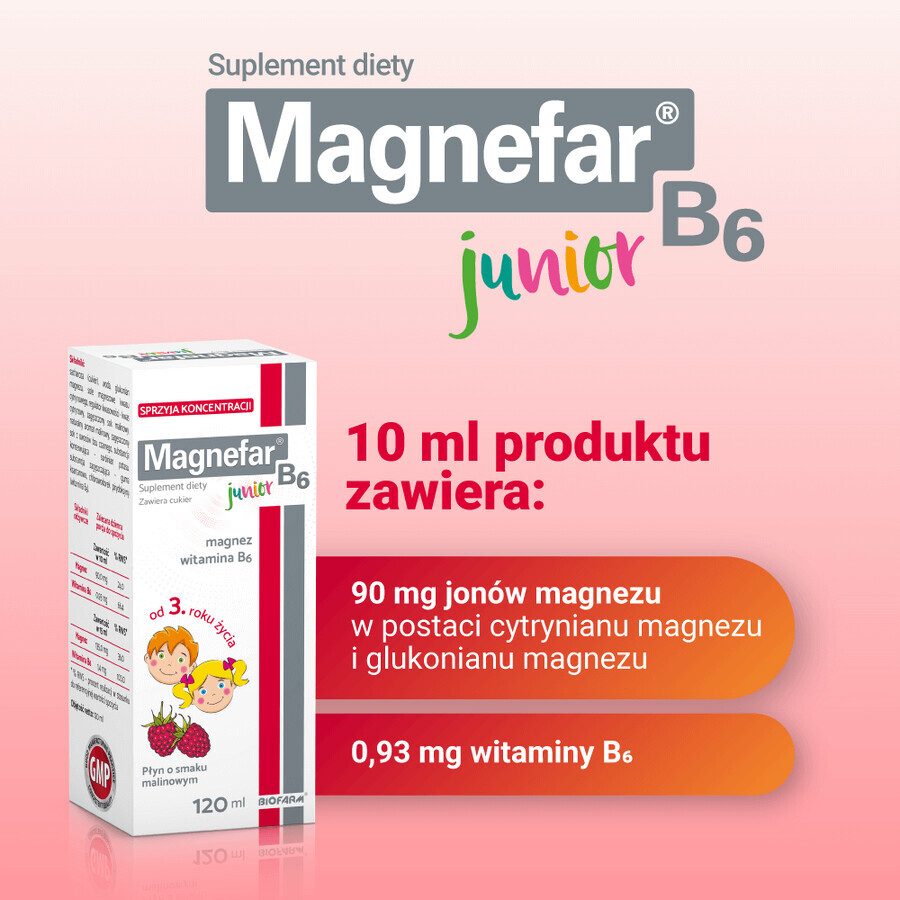 Magnefar B6 Junior Sirup, Himbeergeschmack, 120 ml, Biofarm