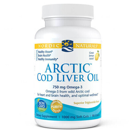 Nordic Naturals Arctic Cod Liver Oil, aromă de lămâie, 90 capsule