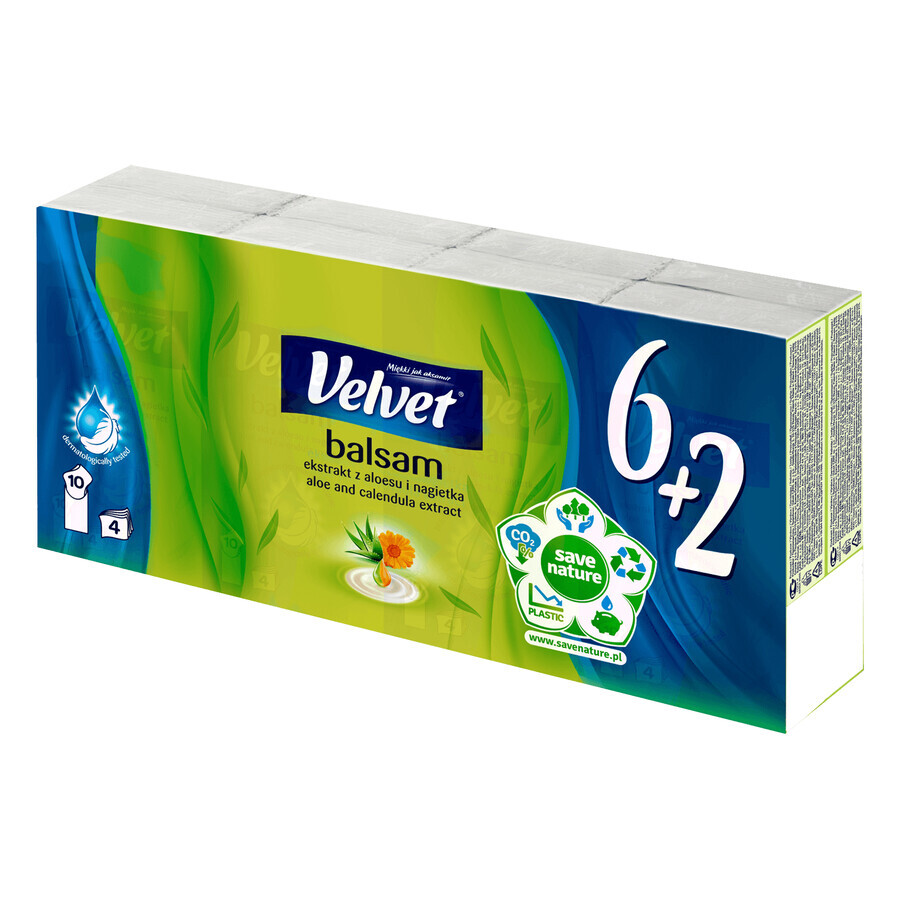 Samtbalsam, Tissue, 4-lagig, Aloe Vera und Ringelblumenextrakt, (6 + 2) x 10 Stück.