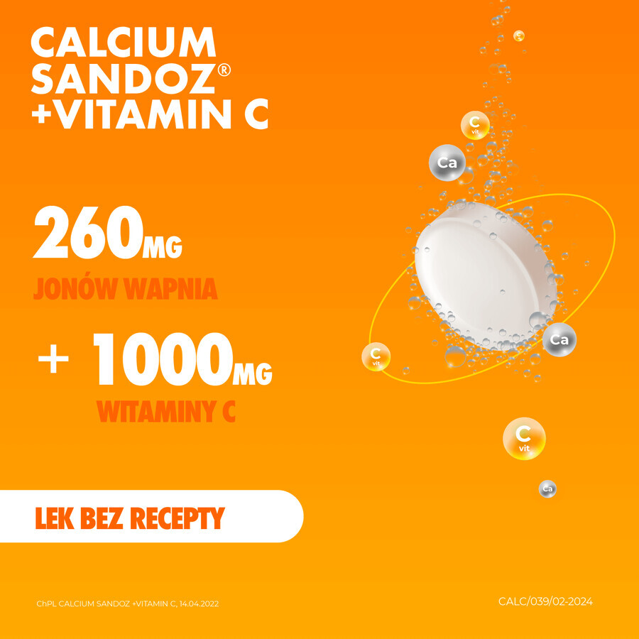 Calcium Sandoz + Vitamina C 260 mg + 1000 mg, Orangengeschmack, 10 Brausetabletten