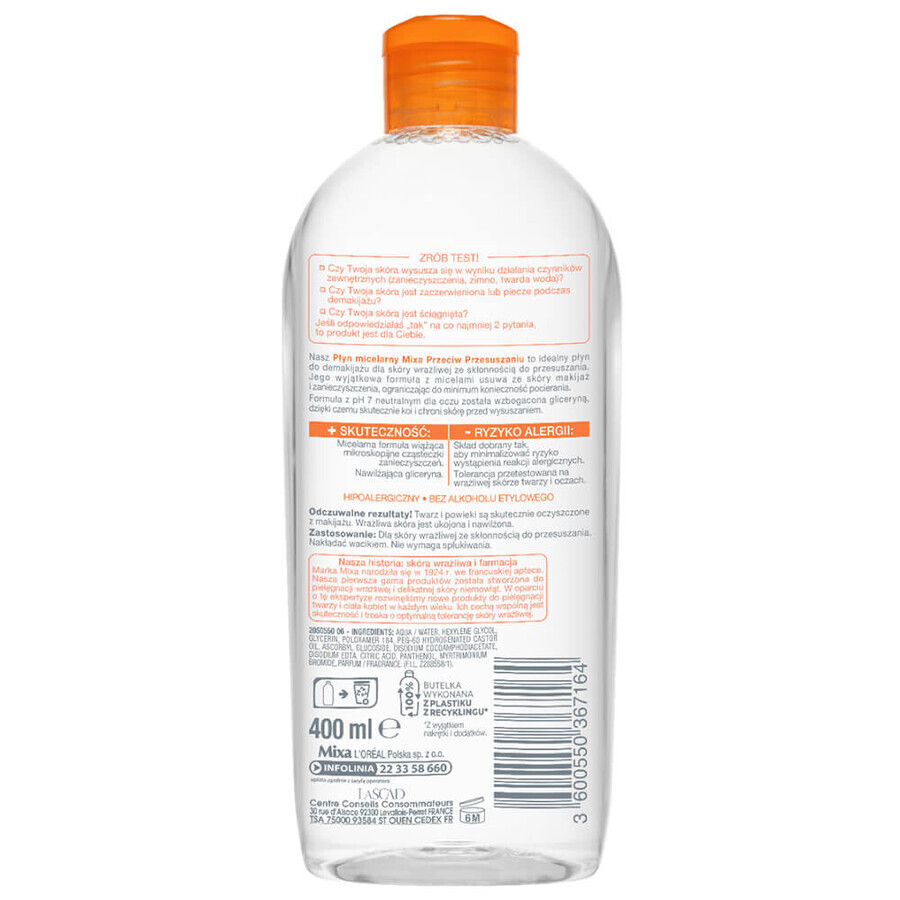 Mixa Anti-Secchezza, Lozione micellare, pelle secca, 400 ml