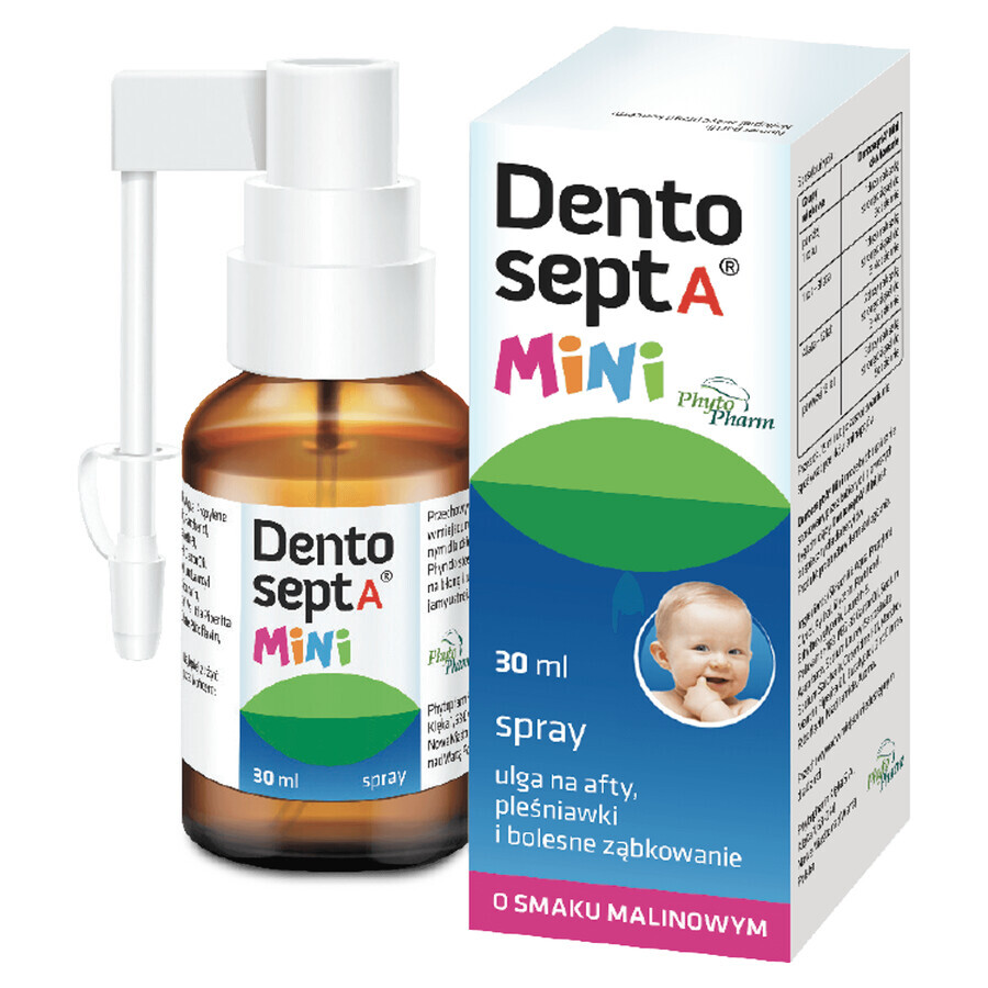 Dentosept A Mini spray, sollievo per afte, mughetto e dentizione dolorosa, gusto lampone, 30 ml