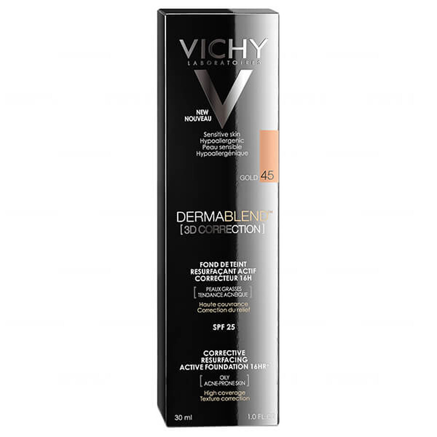 Vichy Dermablend Korekta 3D, base de maquillaje niveladora, nº 45, Oro, 30 ml