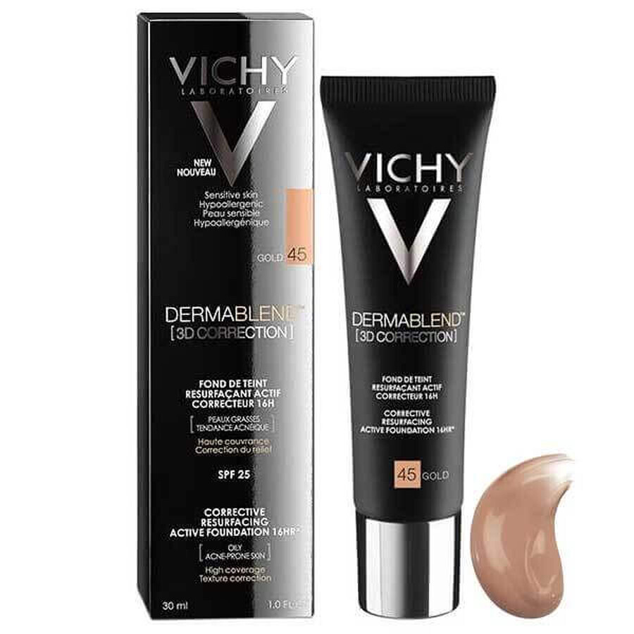 Vichy Dermablend Korekta 3D, base de maquillaje niveladora, nº 45, Oro, 30 ml