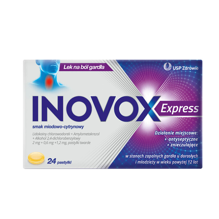 Inovox Express 2 mg + 0.6 mg + 1.2 mg, honey and lemon flavor, 24 tablets