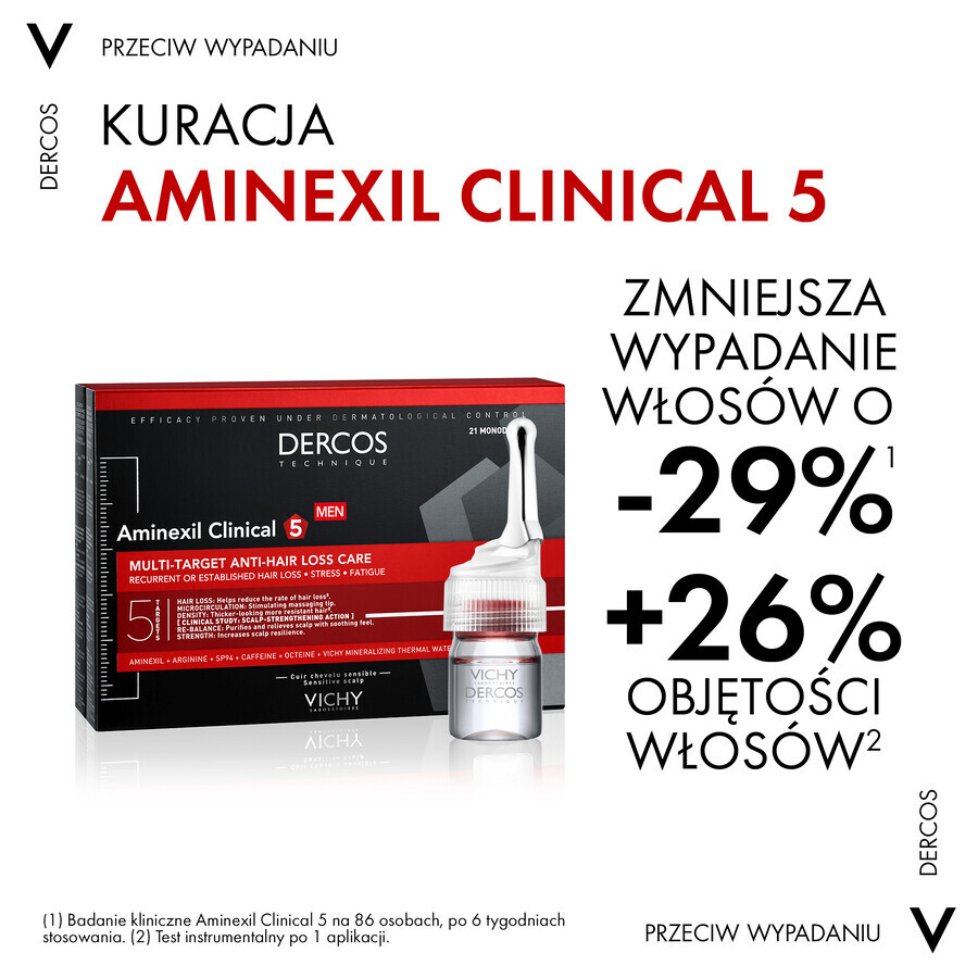 Vichy Dercos Aminexil Clinical 5, Haarausfallbehandlung für Männer, 6 ml x 21 Ampullen