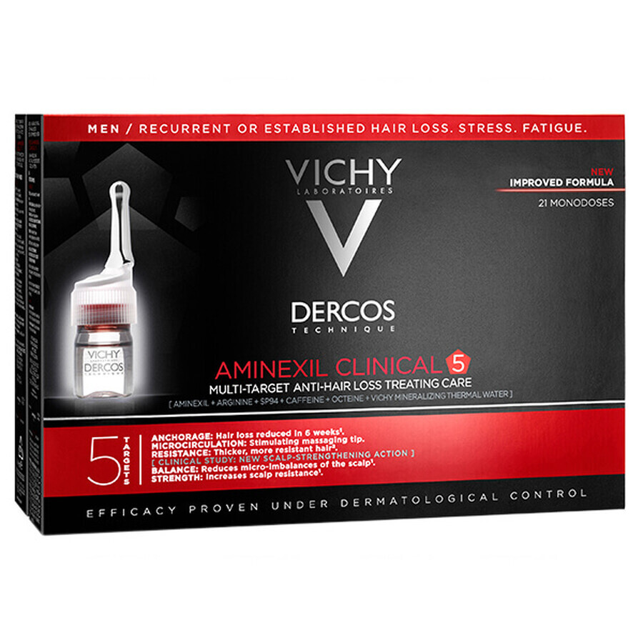 Vichy Dercos Aminexil Clinical 5, tratament împotriva căderii părului pentru bărbați, 6 ml x 21 fiole