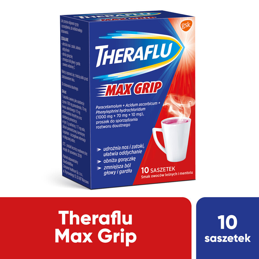 Theraflu Max Grip 1000 mg + 70 mg + 10 mg, Pulver zum Einnehmen, Geschmack: Waldfrüchte und Menthol, 10 Beutel 