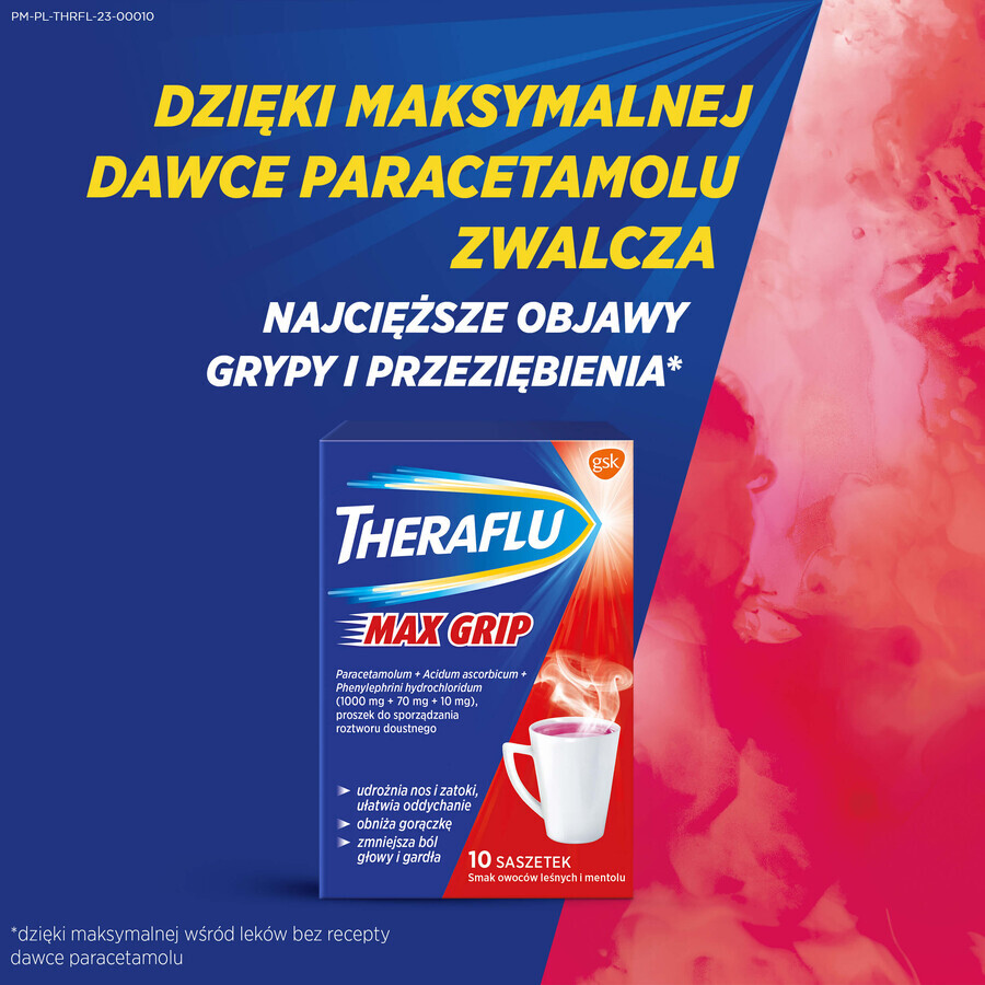 Theraflu Max Grip 1000 mg + 70 mg + 10 mg, Pulver zum Einnehmen, Geschmack: Waldfrüchte und Menthol, 10 Beutel 