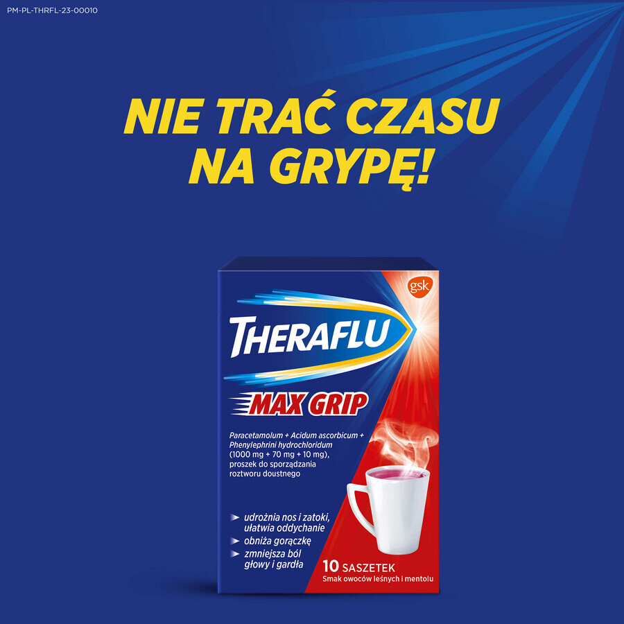 Theraflu Max Grip 1000 mg + 70 mg + 10 mg, Pulver zum Einnehmen, Geschmack: Waldfrüchte und Menthol, 10 Beutel 