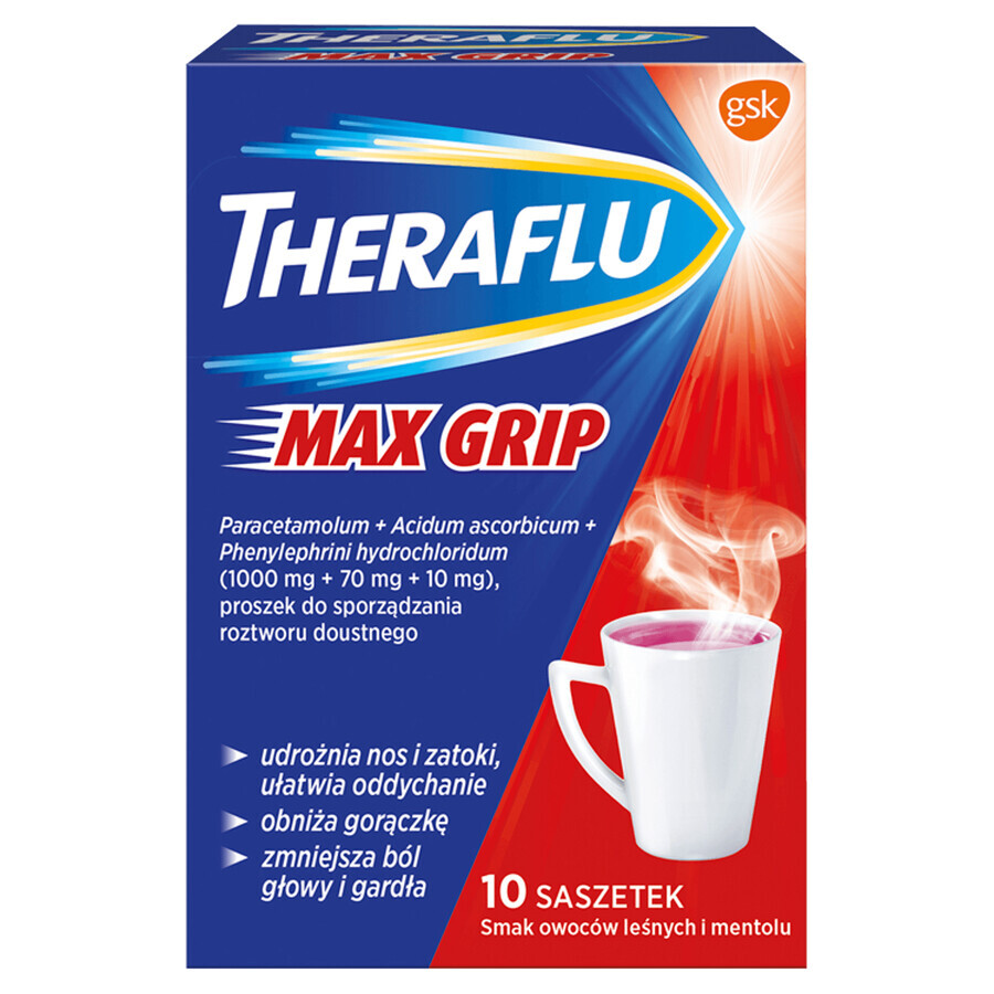 Theraflu Max Grip 1000 mg + 70 mg + 10 mg, Pulver zum Einnehmen, Geschmack: Waldfrüchte und Menthol, 10 Beutel 