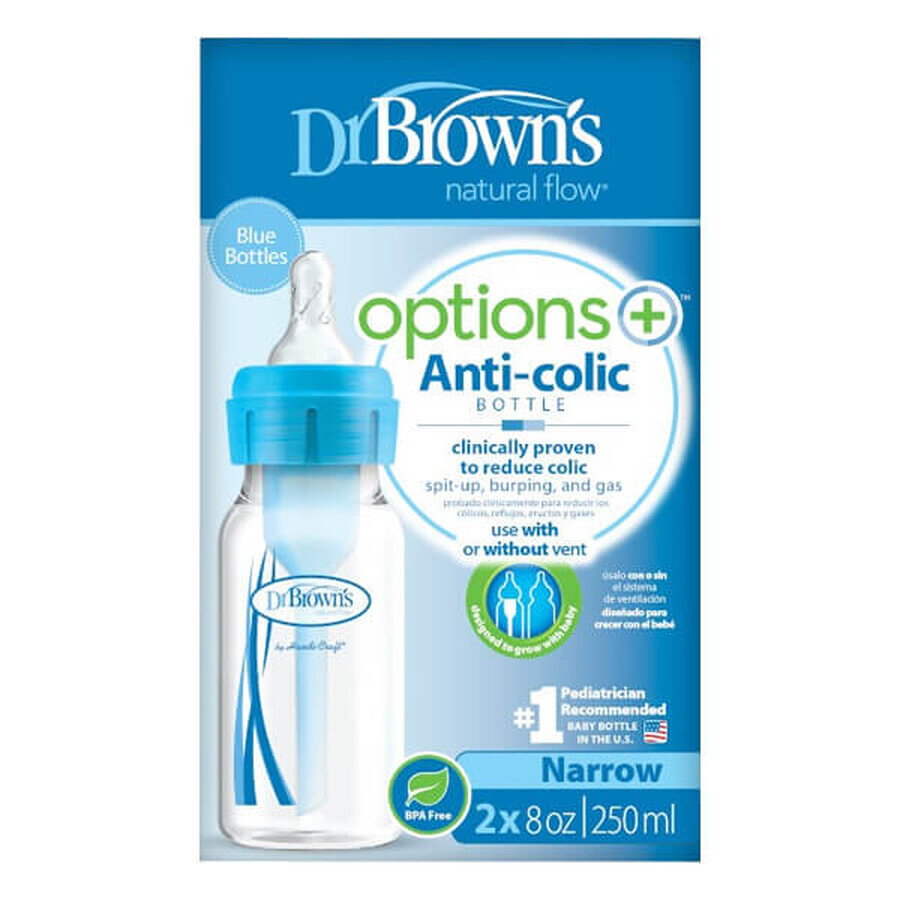 Dr Brown's Options+, biberon anticolica standard con collo stretto e tettarella misura 1, blu, dalla nascita, 2 x 250 ml